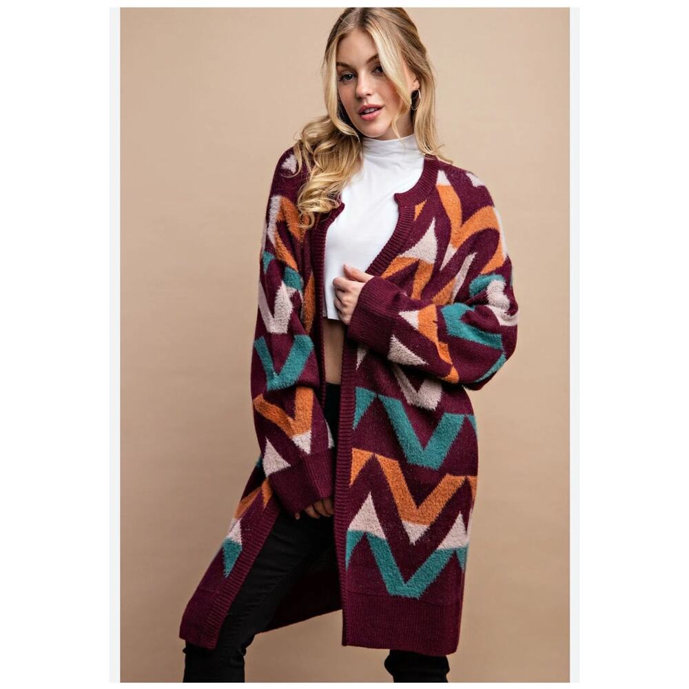New Gigio Womens Duster Sweater Cardigan Size S Chevron‎ Aztec Boho Festival